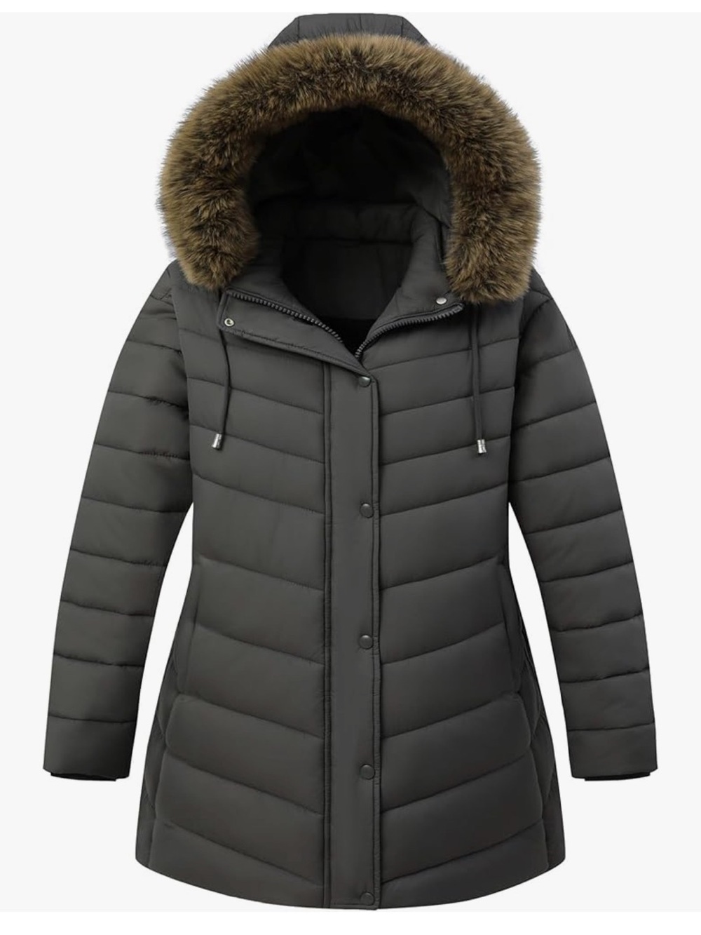 Amazon Women's Dark Gray Hooded Puffer Coat with Faux Fur Trim